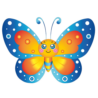 This vector artwork captures a brightly colored butterfly, adorned with a spectrum of vibrant hues that appeal to a young audience. Its wings are spread wide, showcasing intricate patterns that evoke a sense of playfulness and wonder. The design strikes a balance between realism and whimsy, making it an ideal visual for children's educational content, storybooks, or thematic decor