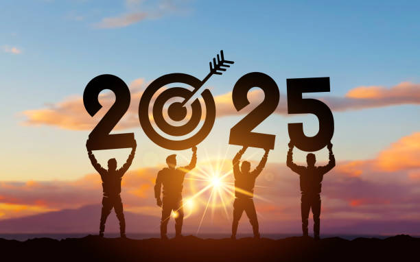 istock Silhouette people holding numbers 2025 with colorful dramatic sky at sunset. Hit the target. 2025 Concept for success in the future goal and passing time. Template Vector illustration. 2142784311