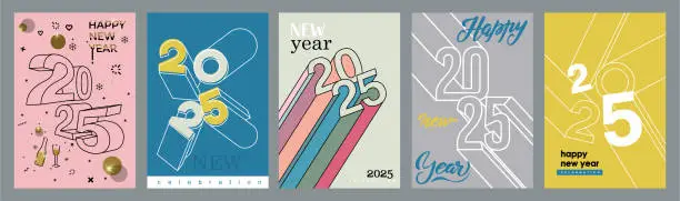 Vector illustration of Set of 2025 pastel Happy New Year posters. Modern design typography logo thin lines 2025. Vector celebration and season decoration, backgrounds, branding, banner, cover, or social media template.