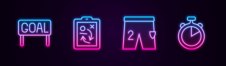 Set line Goal soccer football, Planning strategy concept, Shorts for playing and Stopwatch. Glowing neon icon. Vector.