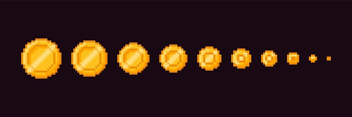 Pixel art coins. Flat gold coin animation from big to small for 8 bit video game. Cartoon gaming animated pixeled yellow money icon for arcade game. Vector concept. Money size collection