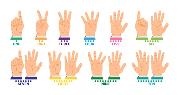 Hands count with fingers. Cartoon counting from one to ten, showing numbers, using hands gestures. Ten number dotted. Basics math learning. Vector illustration. Education at school
