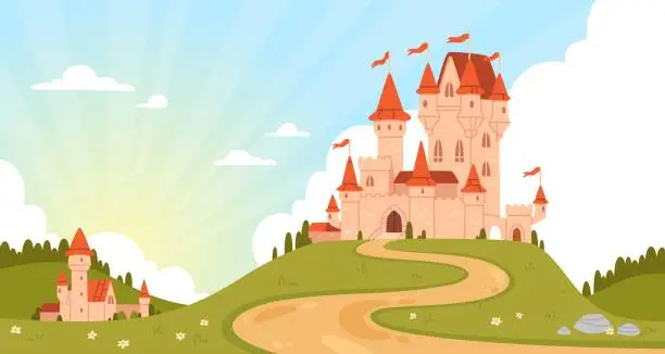 Vector illustration of Fairy castle landscape. Cartoon magic rose palace on greem hill. Fantasy medieval kingdom tower. Fairytale fantasy background with royal princess castle. Vector illustration