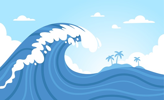 Ocean wave background. Abstract storm sea waves near island. Tropical surf, oceanic water and sky on poster. Decorative voyages flyer. Surfer beach with palm trees. Vector illustration. Aqua surface