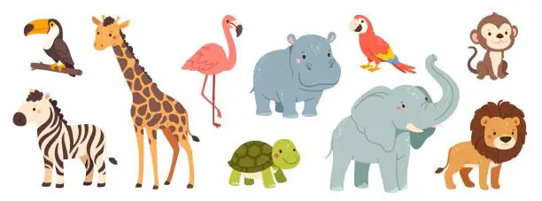 Vector illustration of Cute jungle animals. Cartoon African wild mammals. Funny lion, zebra, happy elephant, monkey, nice hippo, toucan and parrot birds. Kids safari animal