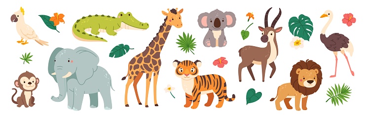 Funny safari animals. Cute cartoon kids animal character. Wild tiger, giraffe, happy koala, African crocodile, jungle monkey. Jungle plant and decorative elements. Vector collection. Tiger, crocodile