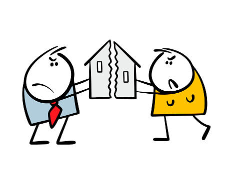 Man and a woman broke down house, keep two halves of building, divide property in divorce. Vector illustration of a marital quarrel. An aggressive couple in conflict situation. Isolated on white.