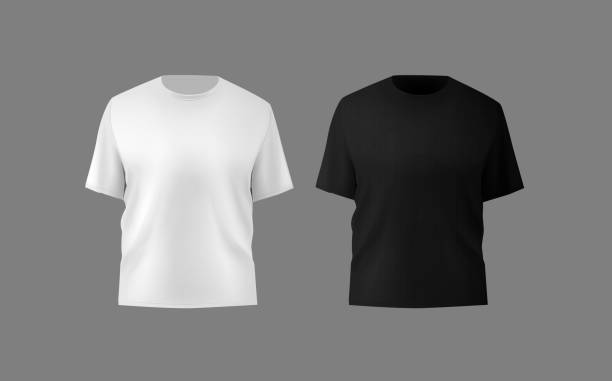 istock Basic black and white male t-shirt realistic mockup. Front and back view. Blank textile print template for fashion clothing. 2142863491