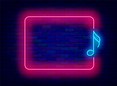 Musical note neon banner. Sound and empty pink frame. Music performance and record studio. Concert, festival and show event. Copy space. Glowing poster. Editable stroke. Vector stock illustration