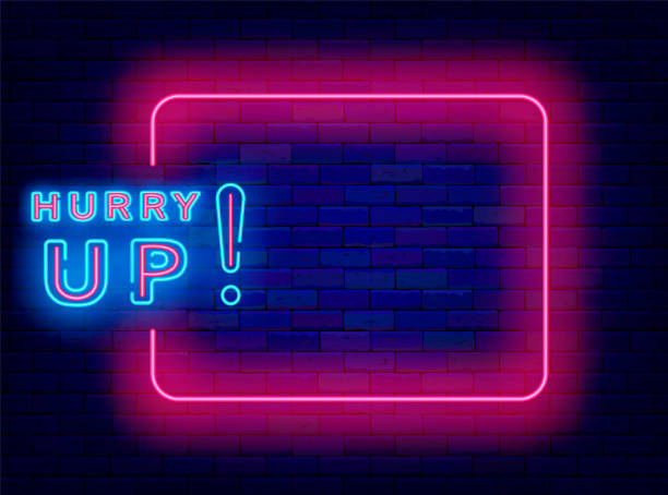 istock Hurry up neon banner. Upcoming event. Attention sale promotion. Empty pink frame and typography. Vector illustration 2142883072