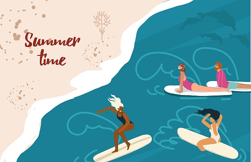 Summer time. Horizontal advertising banner on the theme of rest, relaxation, travel. People surfing, vector drawn hand drawn illustration.
