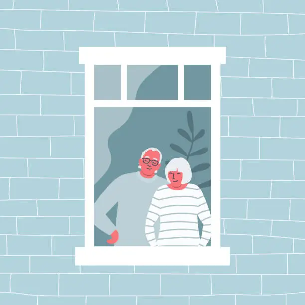 Vector illustration of Couple of elderly people are standing at the open window