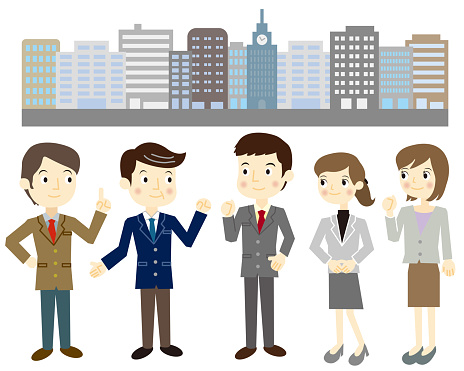 Illustration of five businessmen and businesswomen standing side by side with a group of buildings in the background