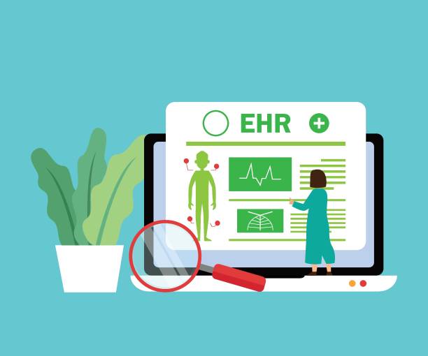 Electronic Health Record EHR - Electronic Health Record - Innovative Technologies in Health Care and Medicine 2d flat vector illustration cartoon of medical records stock illustrations