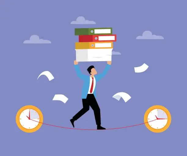 Vector illustration of Businessman carrying a lot of documents walks the tightrope