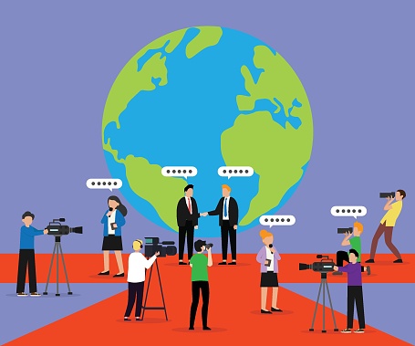 Journalists, reporters and photographers on an important event 2d flat vector illustration