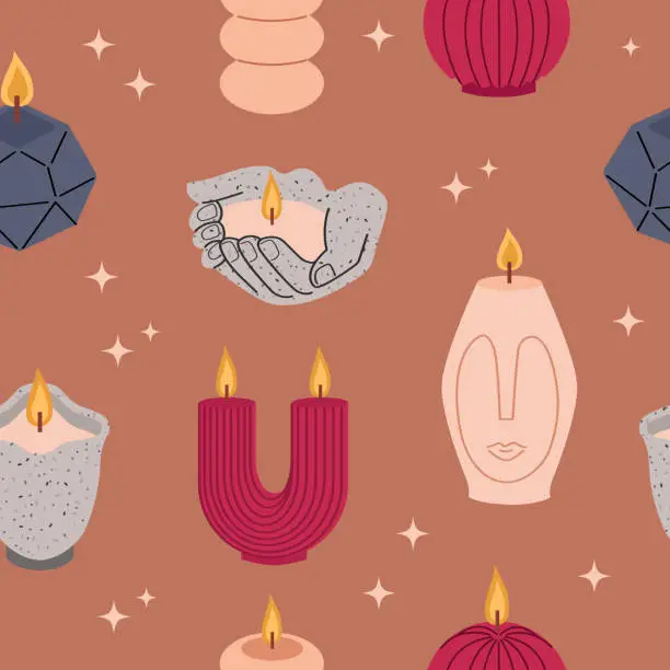 Vector illustration of Trendy candles of various shapes and colors. Vector seamless pattern background for packaging, fabric, wallpaper.