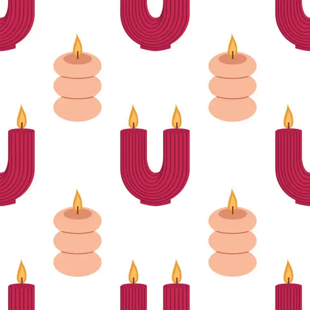 Vector illustration of Trendy candles of various shapes and colors. Vector seamless pattern background for packaging, fabric, wallpaper.