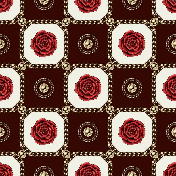Vector illustration of Checkered jewelry seamless pattern with golden chains, red roses, chamfer squares. Classic grid. Detailed high contrast illustration in luxury vintage style.