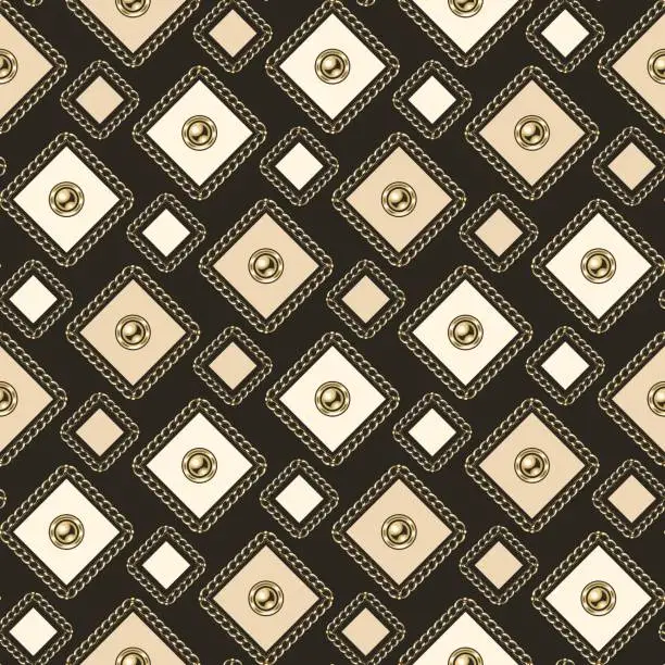 Vector illustration of Jewelry seamless pattern with golden chains, beads, small squares. Diagonal composition. Detailed high contrast illustration in luxury vintage style.