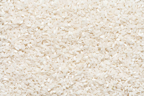 istock Uncooked dried white round rice texture. Short grain rice background 2142949018