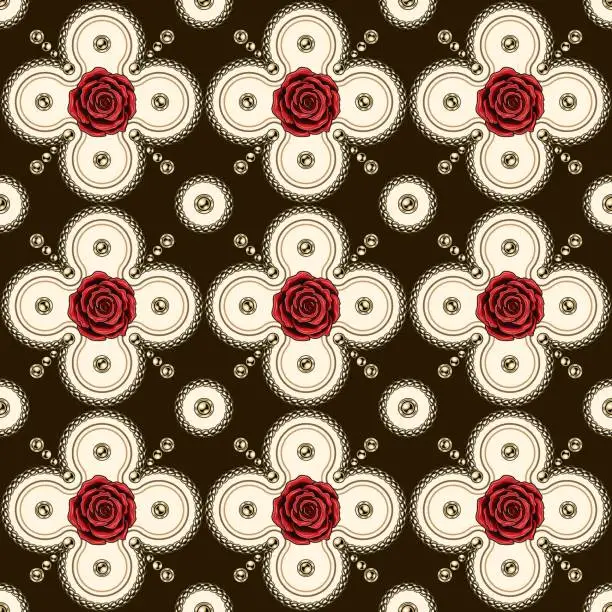 Vector illustration of Victorian jewelry seamless pattern with golden chains, beads, red roses. Flower motif in classic grid composition. Detailed high contrast illustration in luxury vintage style.