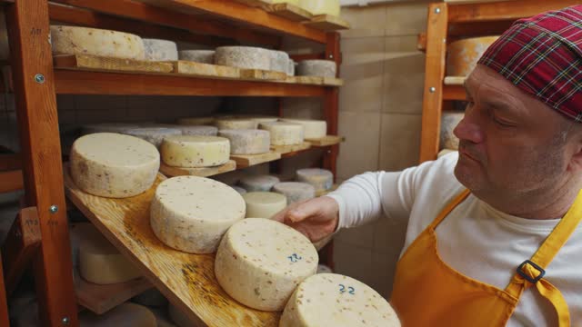 Cheesemaker checks the quality of the cheese ripening and turns it over