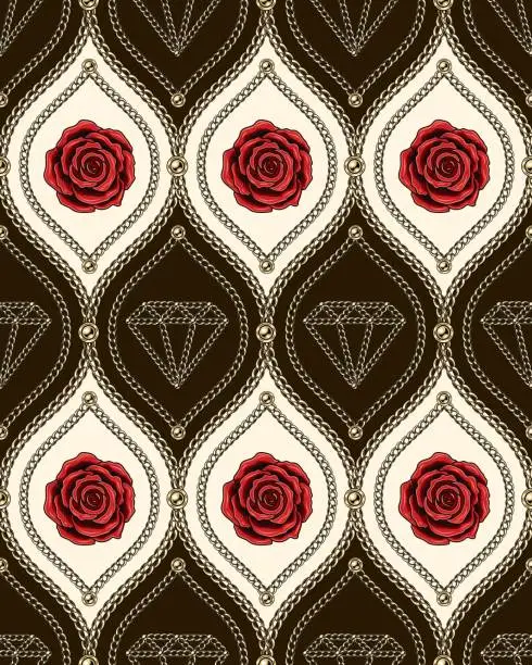 Vector illustration of Victorian jewelry seamless pattern with golden chains, beads, red rose flower, diamond icon. Flower motif in damask classic grid. Detailed high contrast illustration in luxury vintage style.