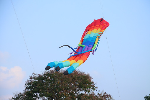 Colorful octopus kite flying in the clear blue sky in summer at Vietnam.