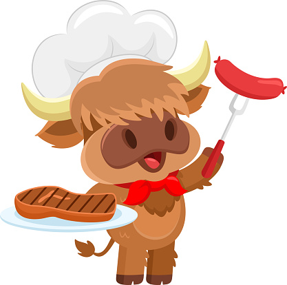 Cute Highland Cow Chef Cartoon Character Holding A Platter With Grilled Steak And Sausage. Vector Illustration Flat Design Isolated On Transparent Background