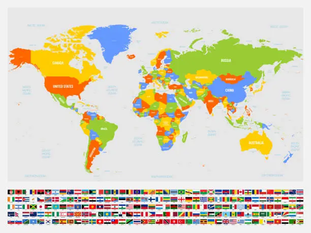 Vector illustration of Map of Word for schools with set of flags