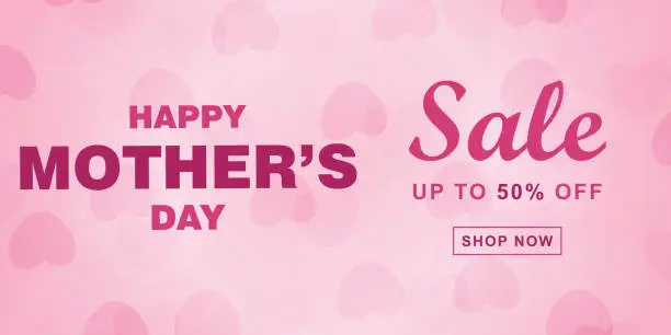 Vector illustration of Mother's Day Sale banner design with beautiful lettering and paper hearts. Special offer 50% off.
