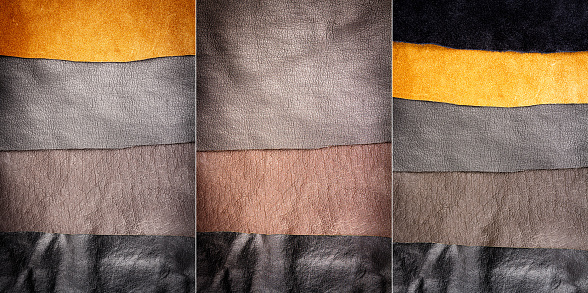 Collection of images with genuine brown and black leather textures background. Abstract vintage natural cow skins backdrop. Different leather stripes.
