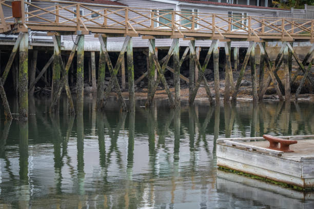 A dock at low tide along the Maine Coast