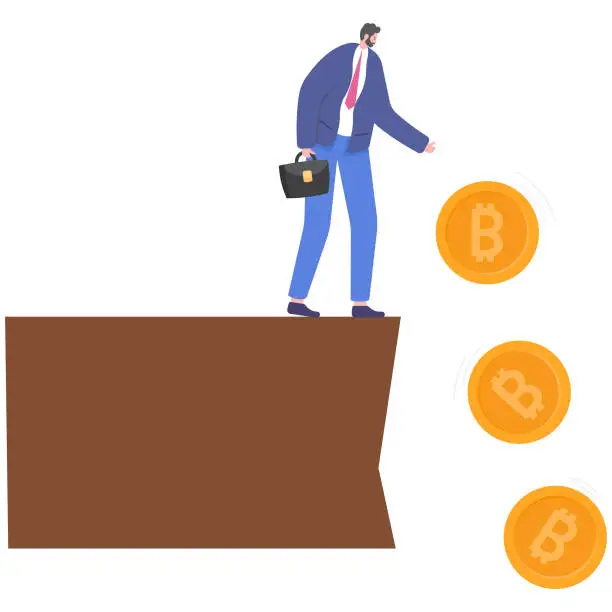 Vector illustration of businessman investor or trader and drops bitcoins. Business frustrated investor get rid of coin