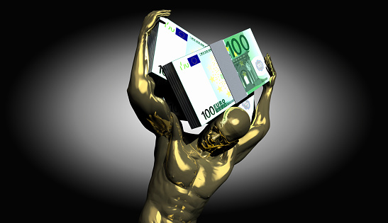 Statue of Atlas made of gold, carrying one Euro banknotes on his back. Euro strengthening against the currencies of developing countries. / You can see the animation movie of this image from my iStock video portfolio. Video number: 2138605558