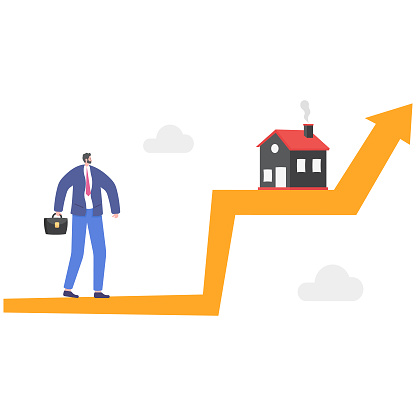 Young man looks at the house rising on a red arrow. Business rising house prices vector illustration