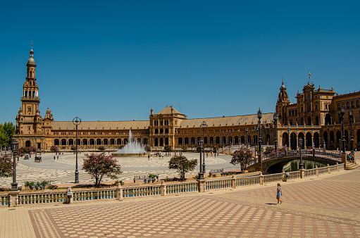 Panoramic of the Plaza España in Seville in summer. Seville, Andalusia, July 24, 2021