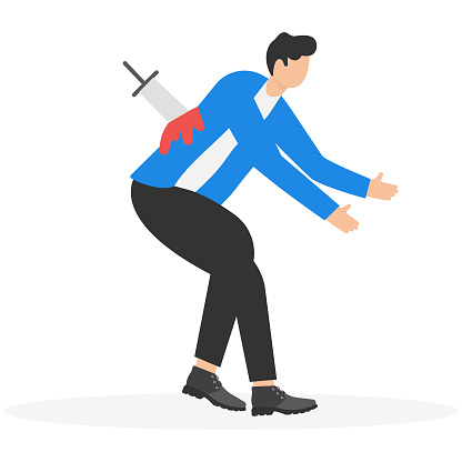 Businessman stabbed in the back with a knife. Business faithfulness concept. Flat cartoon vector style