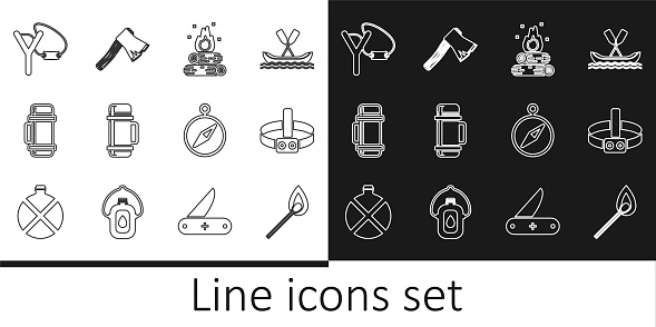 Set line Burning match with fire Head flashlight Campfire Thermos container Slingshot Compass and Old wooden axe icon. Vector.
