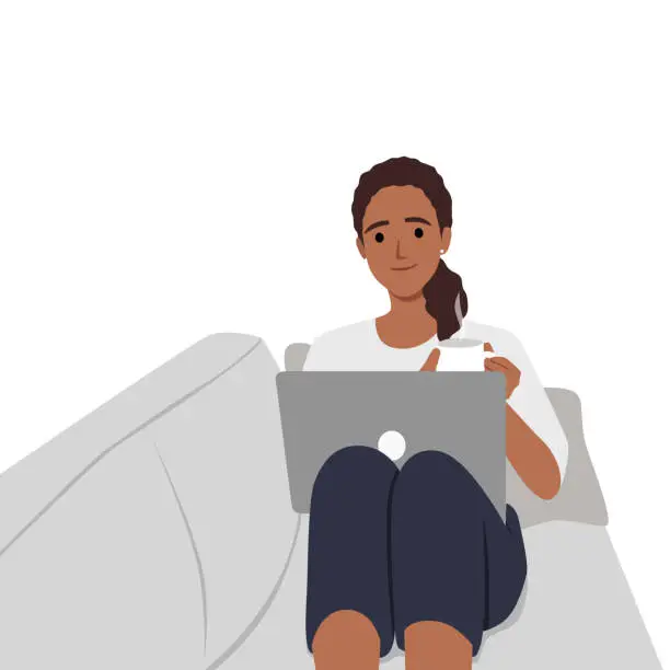 Vector illustration of Surfing on the Internet with a Laptop. cartoon character.attractive girl chatting with her friends while sitting in sofa