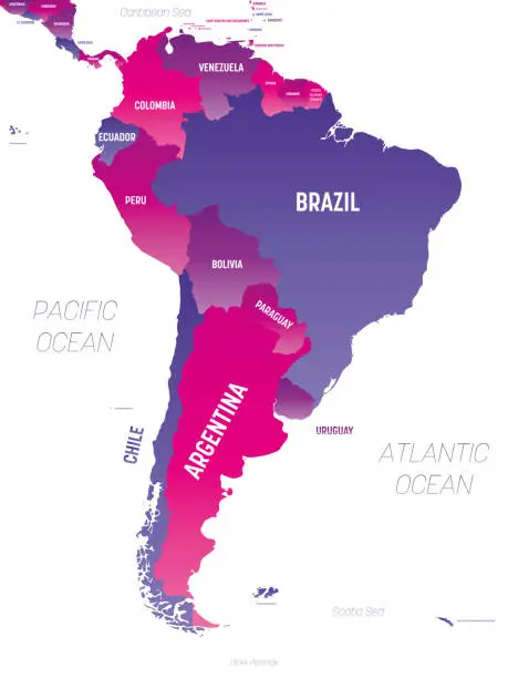 Vector illustration of South America map detailed political map with lables