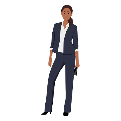 Businesswoman, set of portrait and full length view. Smiling business woman standing folded hand, wearing dark business suit. Flat vector illustration isolated on white background