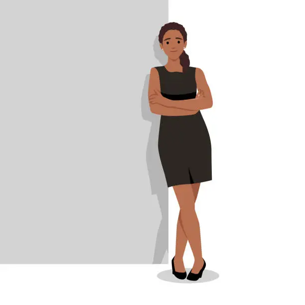 Vector illustration of Businesswoman standing and lean against wall, thinking something about new business company.