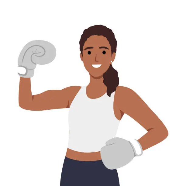 Vector illustration of Woman in sportswear with boxing gloves prepare for training or workout in gym. Strong girl boxer ready for workout. Sport and exercising.