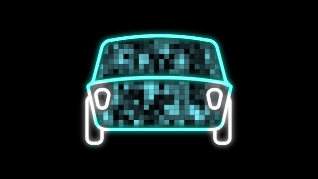 A cartoon car symbol filled with shimmering turquoise squares on a black background. Cg