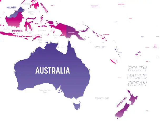 Vector illustration of Australia and Oceania detailed political map with lables