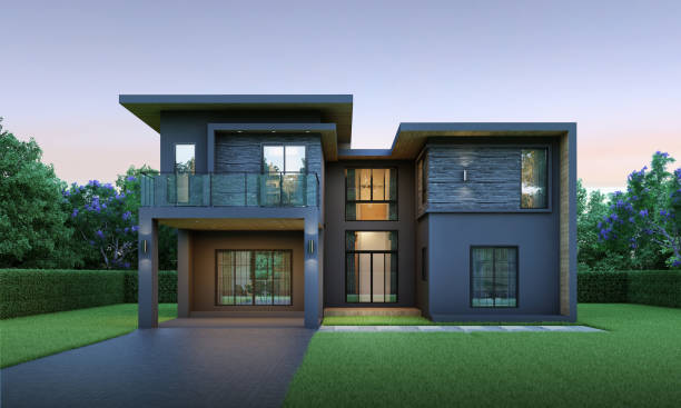 istock Modern house exterior evening view with lawn grass.3d rendering 2143195268