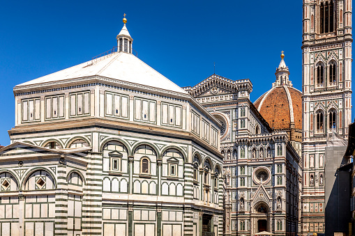 Florence, Italy - July 15, 2023: Cathedral of Santa Maria del Fiore (Duomo di Firenze). Florence the capital city of Tuscany region, Italy. The basilica is one of Italys largest churches, UNESCO World Heritage Site.