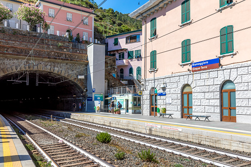 Riomaggiore, Italy - August 1, 2023: Train station with tunnel at Riomaggiore town in Cinque Terre National park, Italy